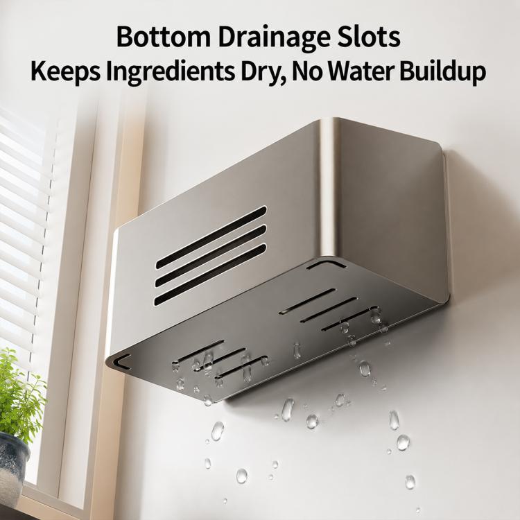 Magnetic storage basket with slotted base and drainage holes to keep ingredients dry