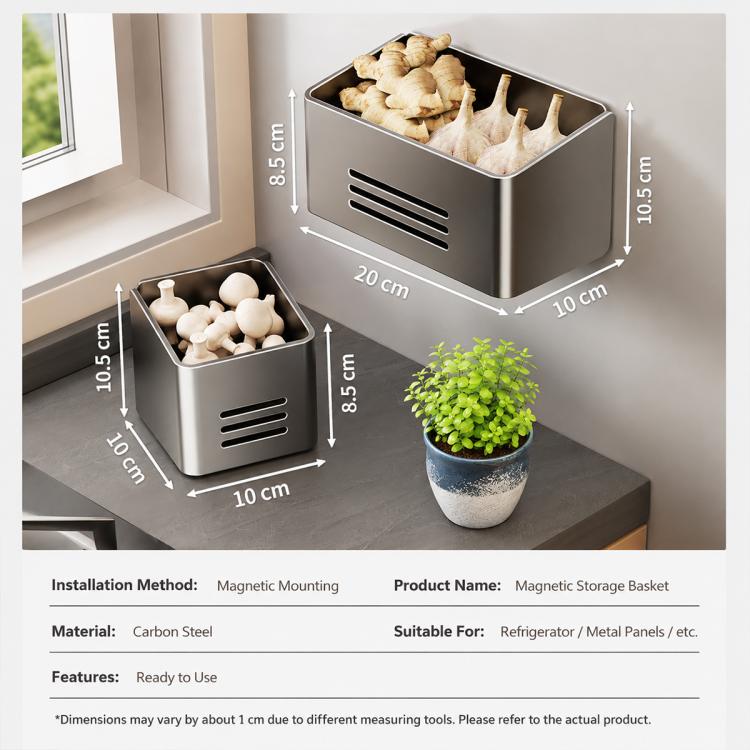 Magnetic fridge storage baskets (large and small) with vent slots and drainage base