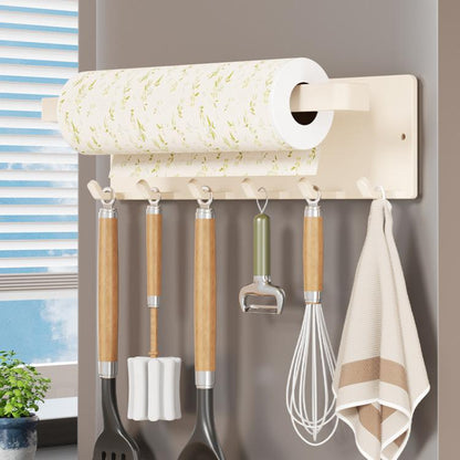 White magnetic paper towel holder with roll tube and hanging hooks