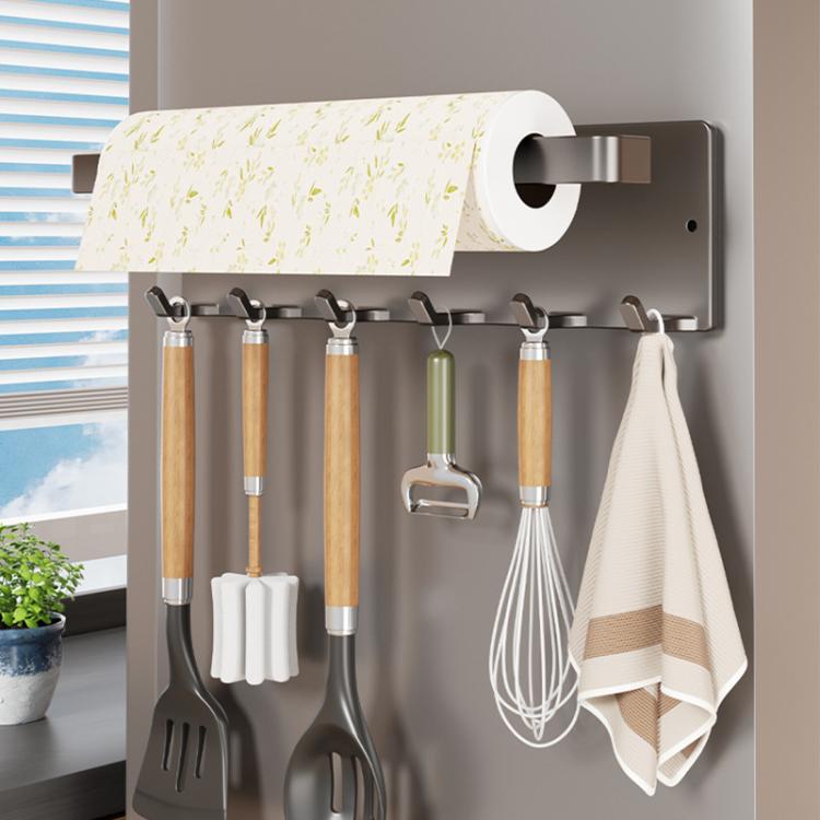 Grey magnetic paper towel holder with roll tube, multiple hooks, and hanging towel