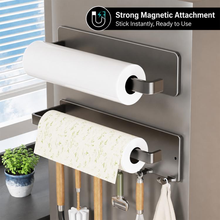 White magnetic paper towel holder with roll tube and wall-mount side hooks