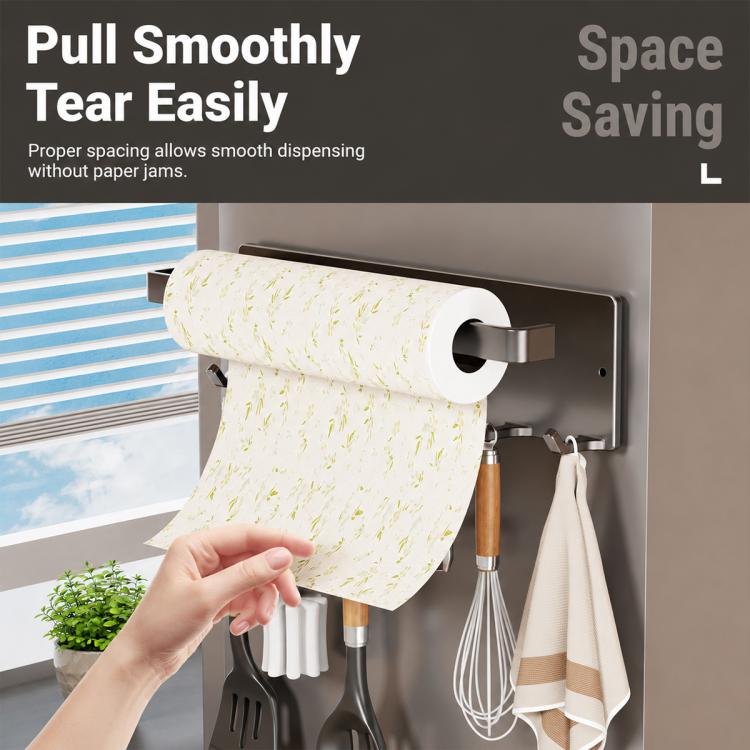 Grey magnetic paper towel holder with roll tube and hooks for utensils and towels