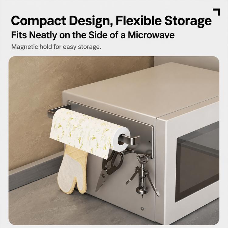 Grey magnetic paper towel holder with roll tube and hooks for compact microwave storage