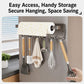 Grey magnetic paper towel holder with roll tube and hanging hooks for kitchen tools