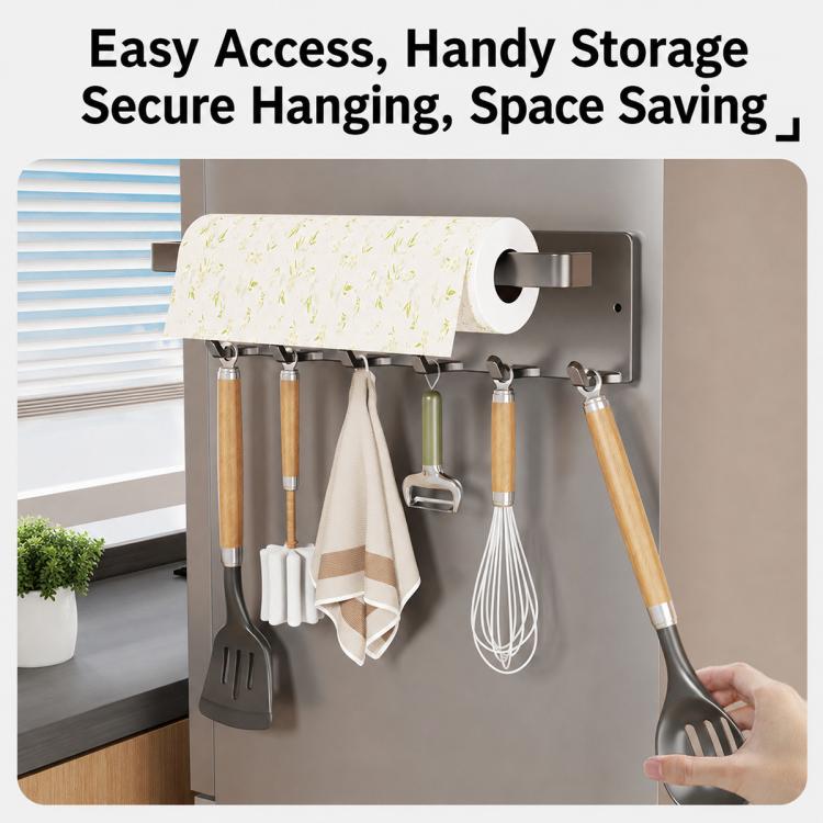Grey magnetic paper towel holder with roll tube and hanging hooks for kitchen tools