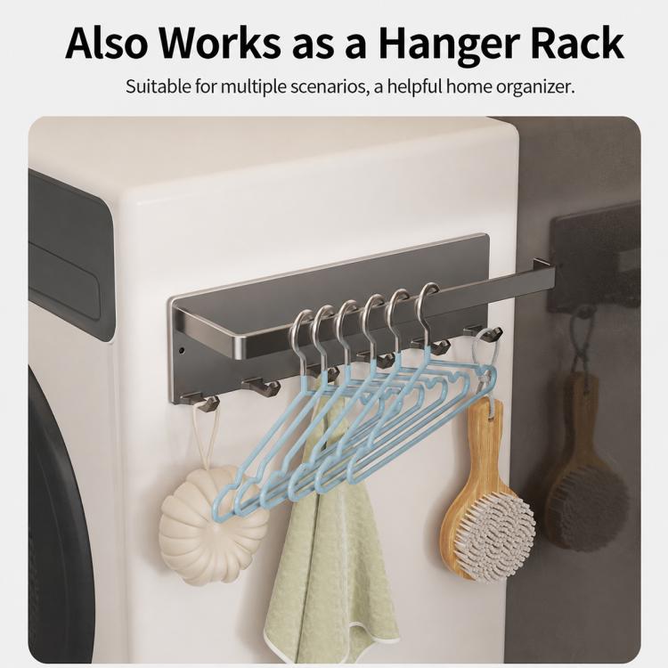 Magnetic kitchen hanger rack with long bar and multiple hooks for hanging items