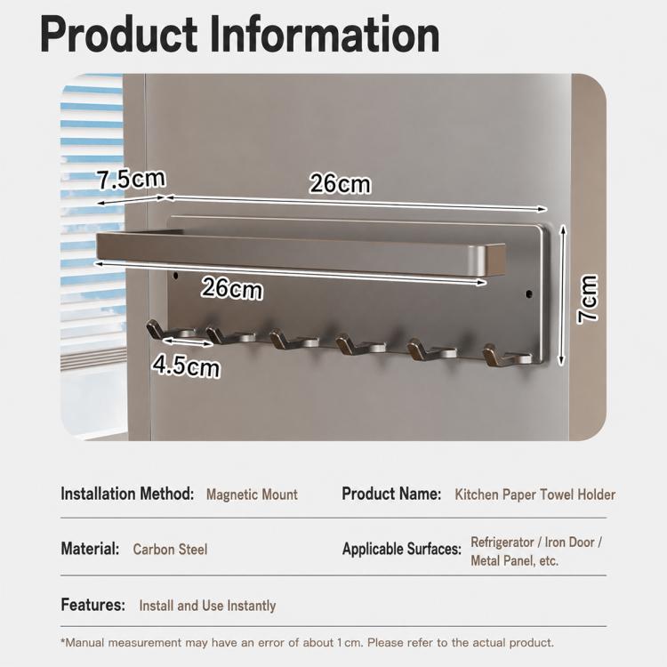 Wall-mounted magnetic kitchen paper towel holder showing size and hook layout