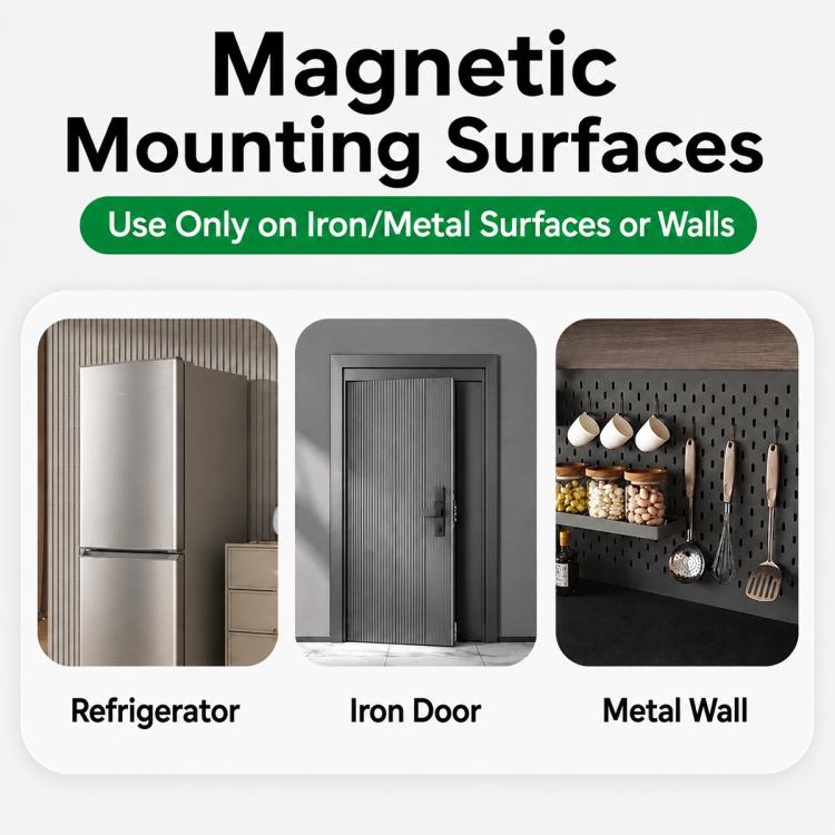 Magnetic mounting surfaces instruction graphic: use on iron/metal surfaces only