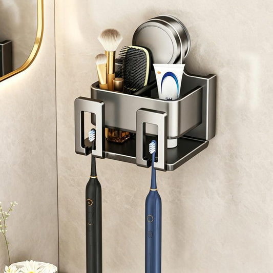 Stainless steel suction cup toothbrush holder with two toothbrush slots