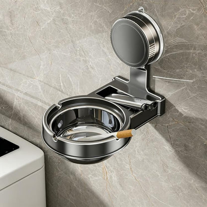 Grey wall-mounted suction cup ashtray with removable round ash bowl and holder