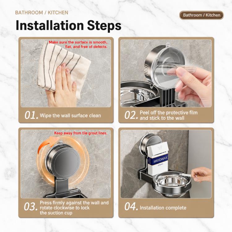 Wall-mounted suction cup ashtray with metal ash bowl during installation