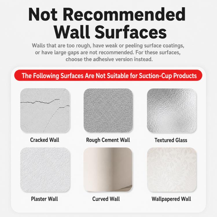 Not recommended wall surfaces chart for suction-cup wall-mounted ashtray