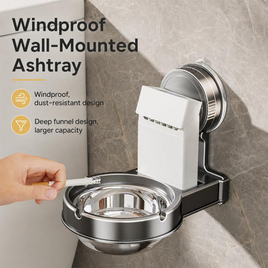 Wall-mounted suction ashtray with wide funnel opening and removable metal ash bowl