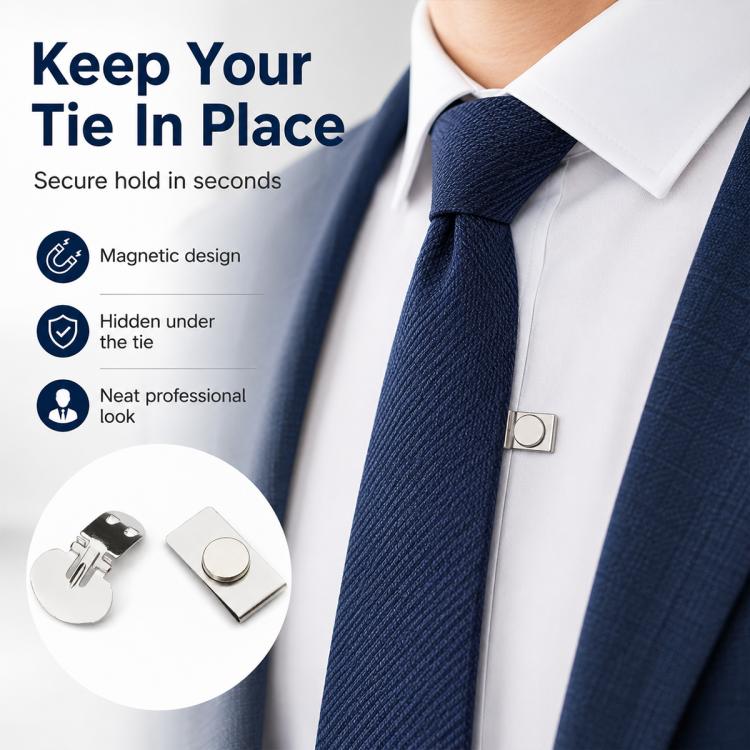 Metal magnetic tie clip fastened to navy tie on white dress shirt