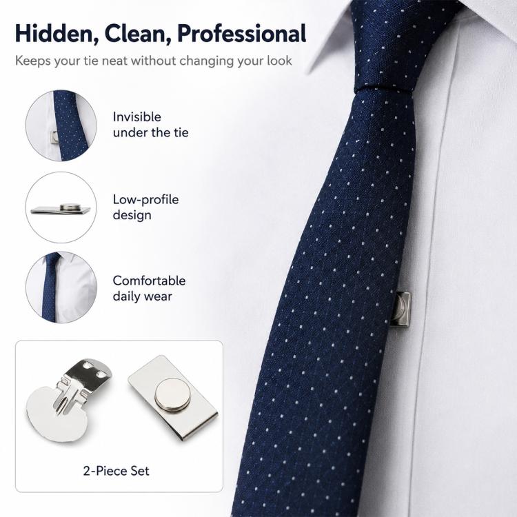 Small metal magnetic tie clips holding a tie near the shirt collar