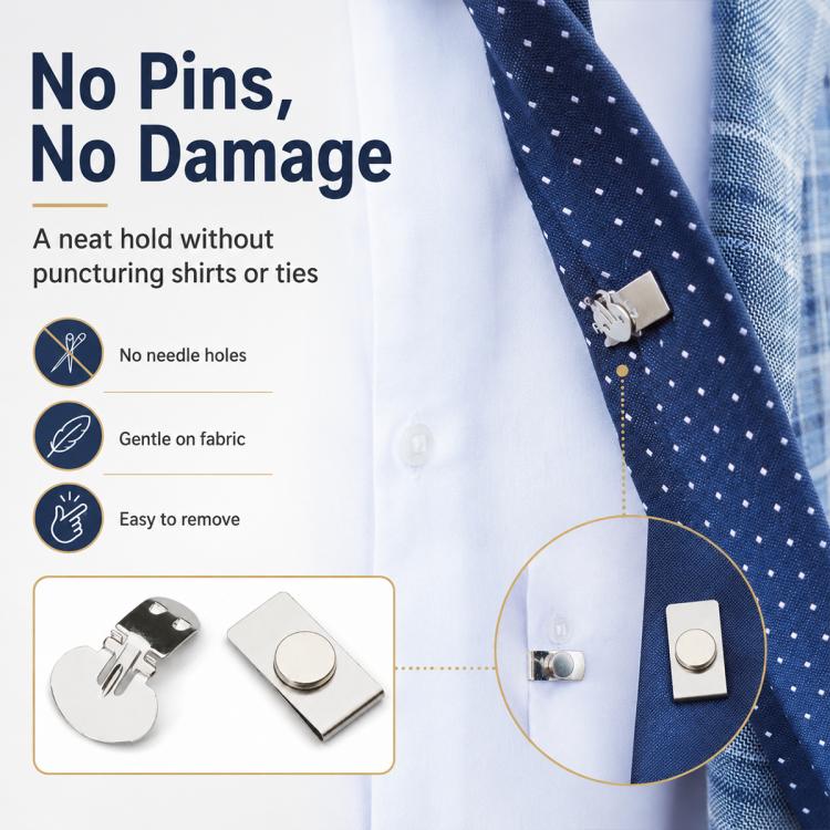 Magnetic tie fastener clips for neat hold without pins or fabric punctures