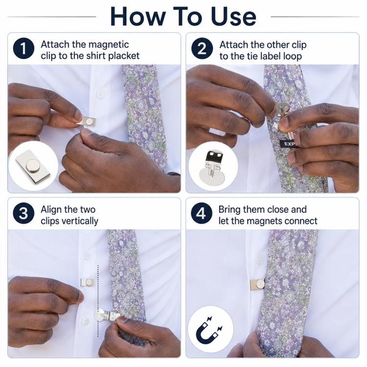 Two-piece magnetic tie clip set being attached to a shirt and tie