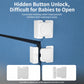 Set of white hidden-button cabinet safety locks with concealed rotating release