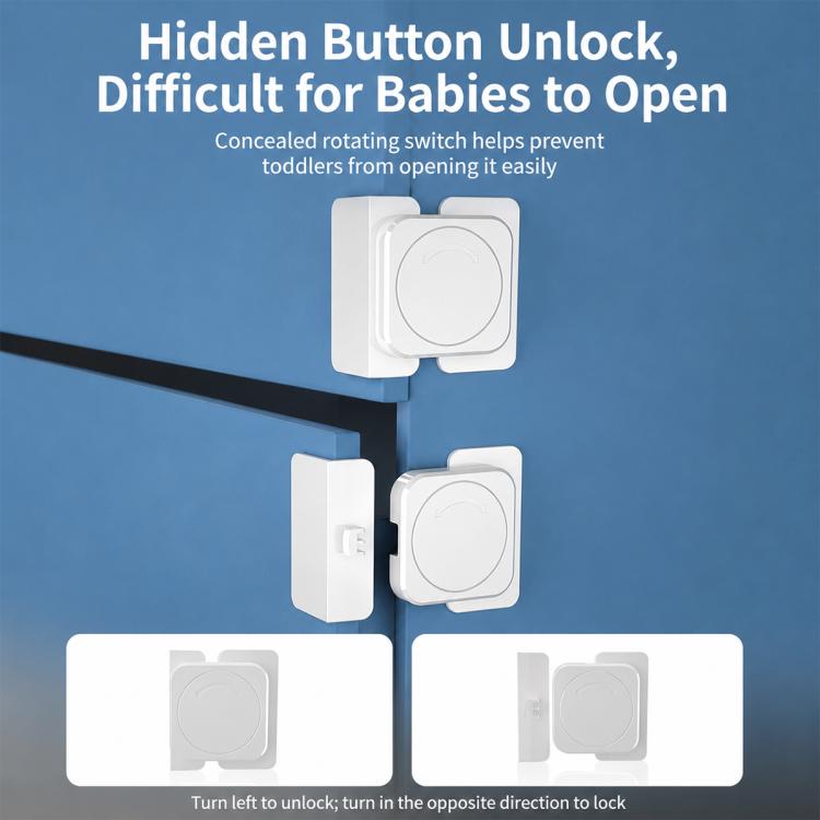 Set of white hidden-button cabinet safety locks with concealed rotating release
