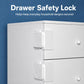 White drawer safety locks, pair of snap-on units with circular release buttons