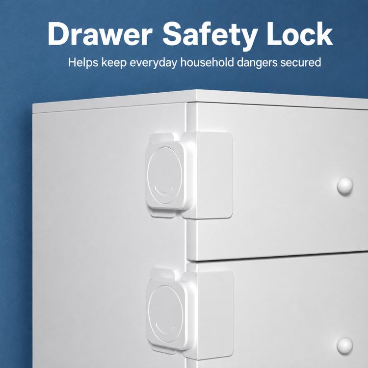 White drawer safety locks, pair of snap-on units with circular release buttons