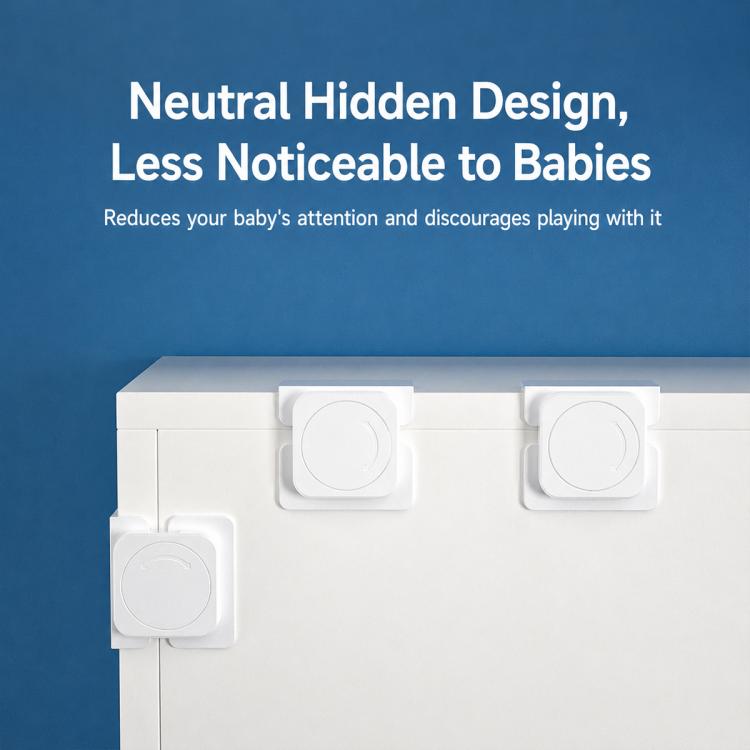 White concealed drawer safety locks, multiple units with rounded circular buttons