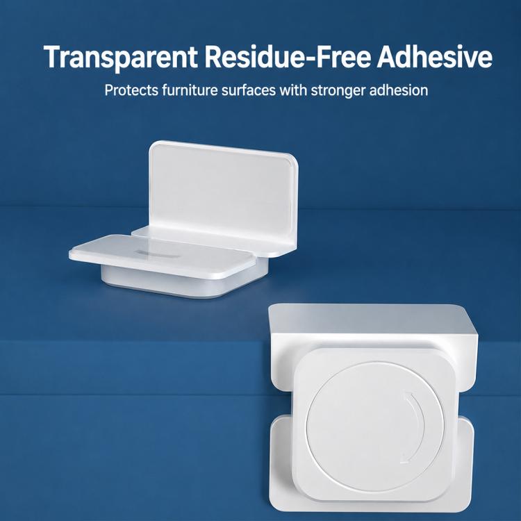 White adhesive cabinet lock base with circular lock cover, residue-free design