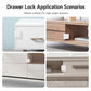 White safety lock pieces applied to right-angle drawers and cabinet edges