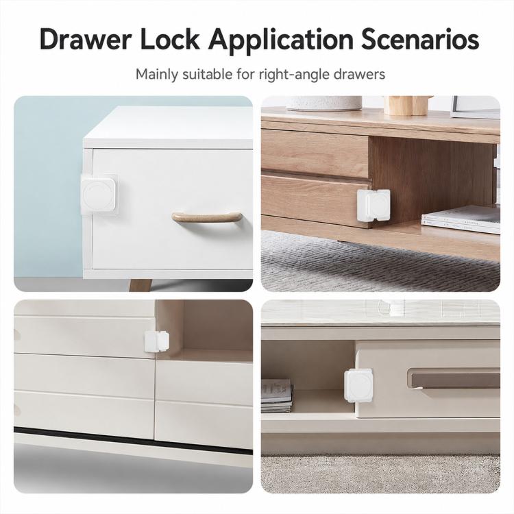 White safety lock pieces applied to right-angle drawers and cabinet edges