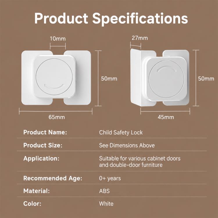 White baby safety lock with circular button, product size diagram with measurements