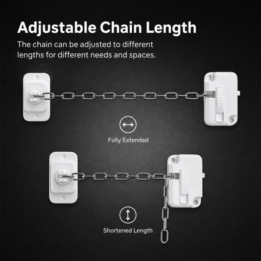 Adjustable chain length child safety lock showing fully extended and shortened positions