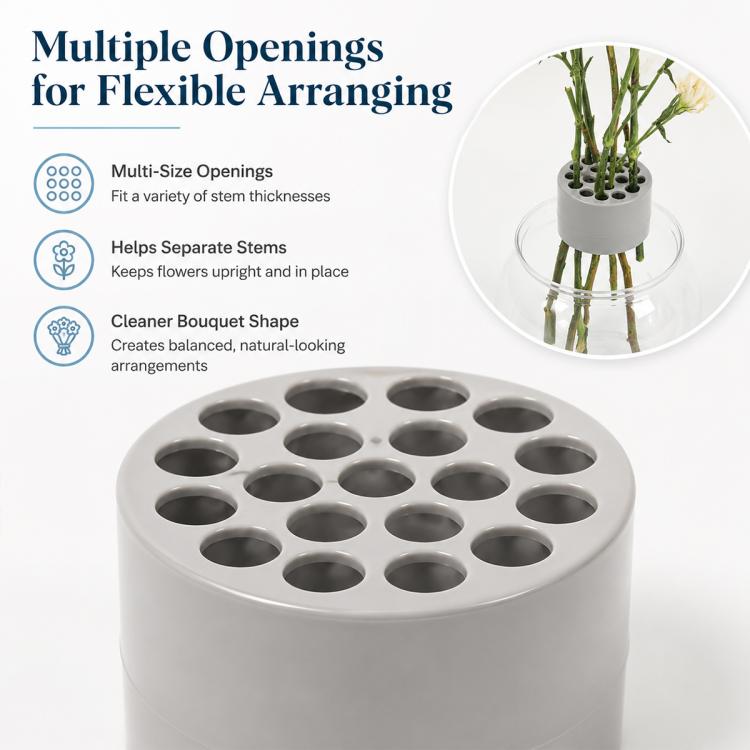 Grey plastic flower stem holder cylinder with multiple circular stem openings