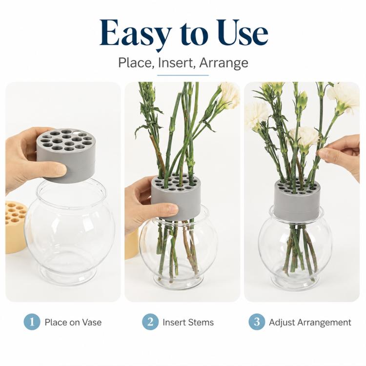 Grey plastic flower stem holder cylinder with round stem holes next to a clear vase
