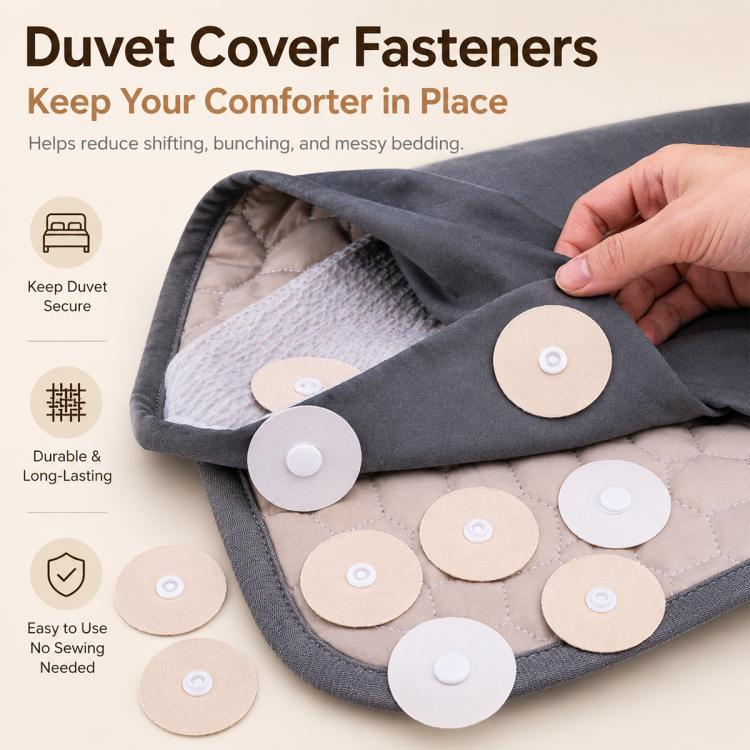 Round duvet cover fastener discs with snap centers, attached to bedding