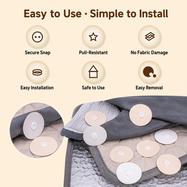 Snap-on duvet cover fastener discs, light beige and white centers on bedding