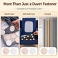 Duvet cover and curtain fastener discs with snap centers, shown on bedding
