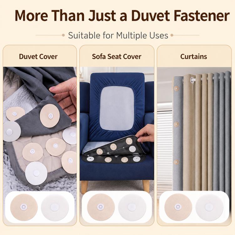 Duvet cover and curtain fastener discs with snap centers, shown on bedding