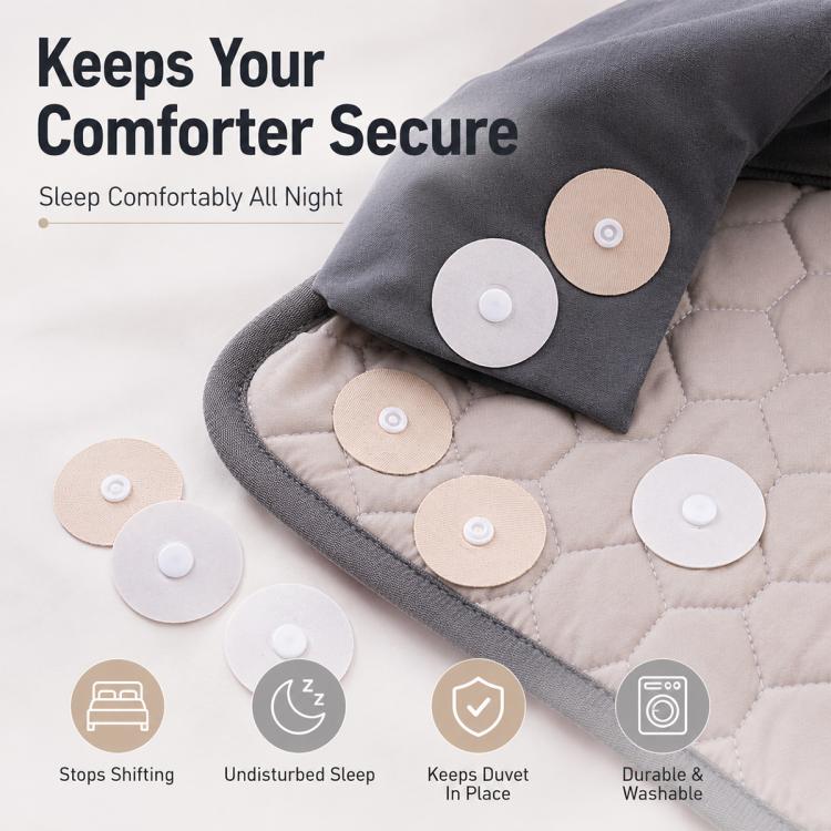 Round snap fasteners with beige and white discs, holding quilt layers in place