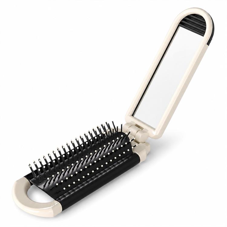 2-in-1 folding hairbrush with mirror, white frame and black bristles on base
