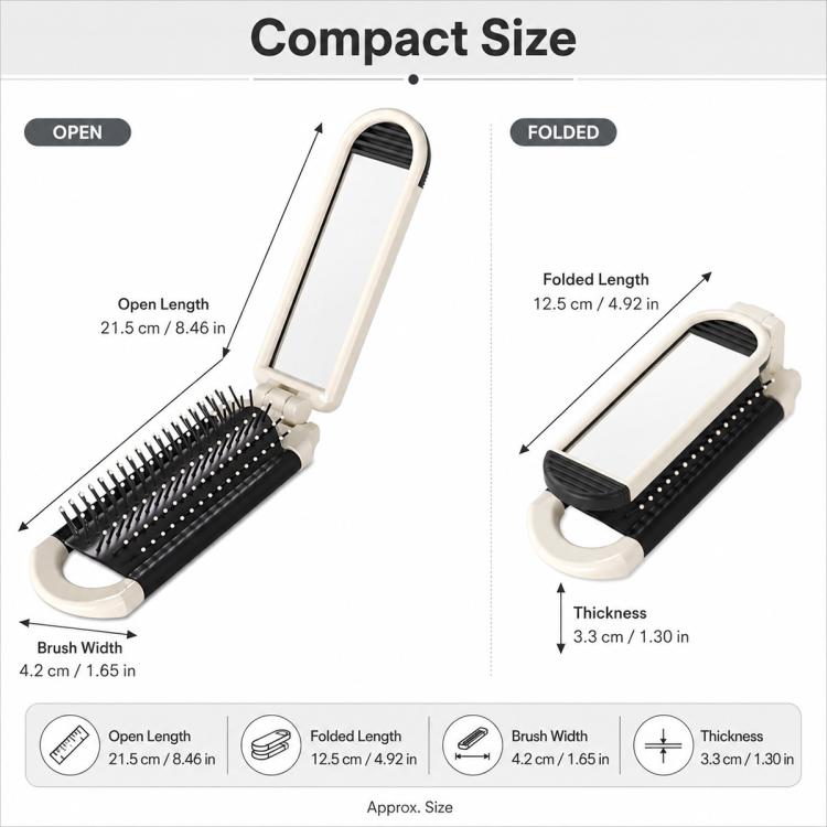 2-in-1 folding hairbrush with mirror, compact folded design and black bristle pad
