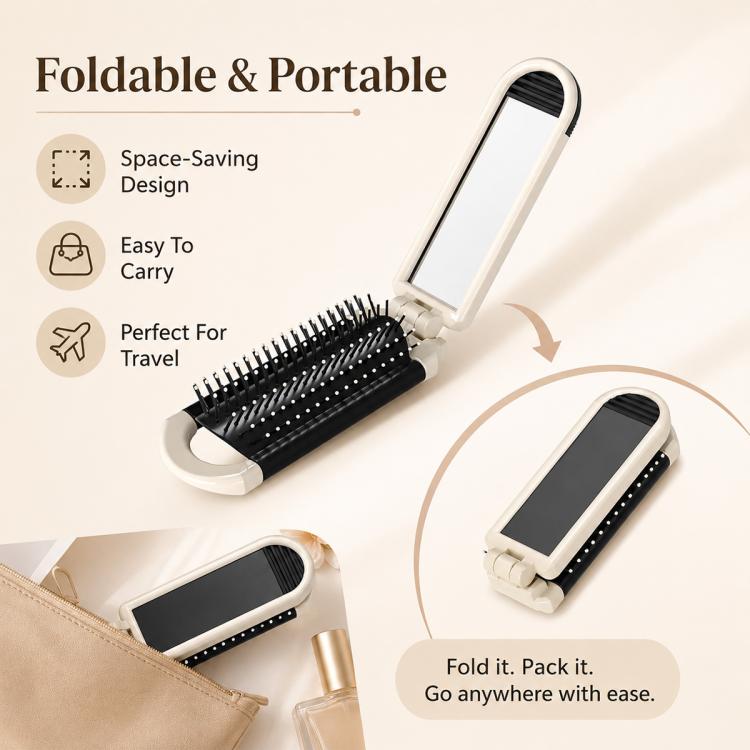 2-in-1 folding hairbrush and mirror, folded compact case with black bristle pad