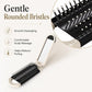 Folding hairbrush with rounded bristles and built-in mirror, white frame