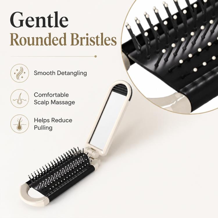 Folding hairbrush with rounded bristles and built-in mirror, white frame