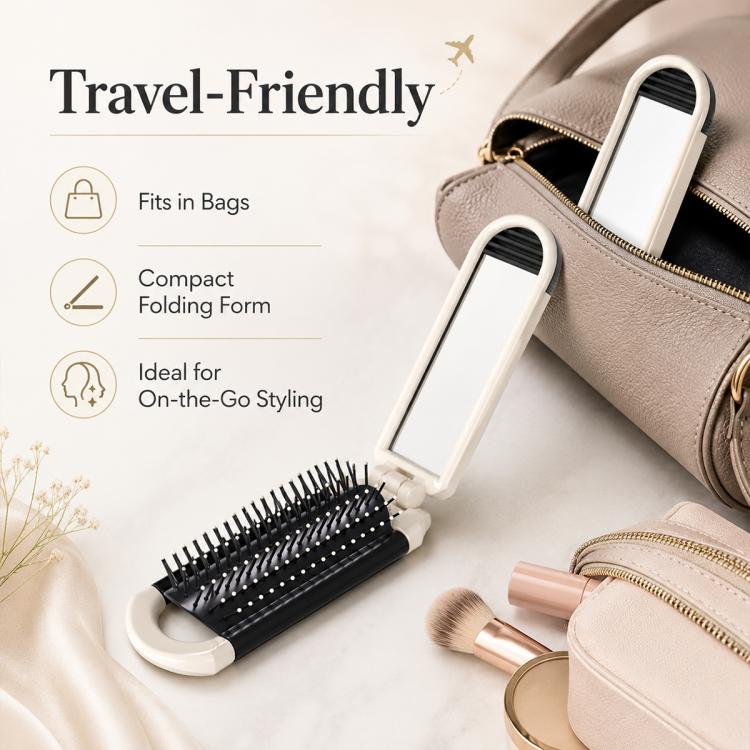 Folding hairbrush with mirror, white frame and black bristle pad, open