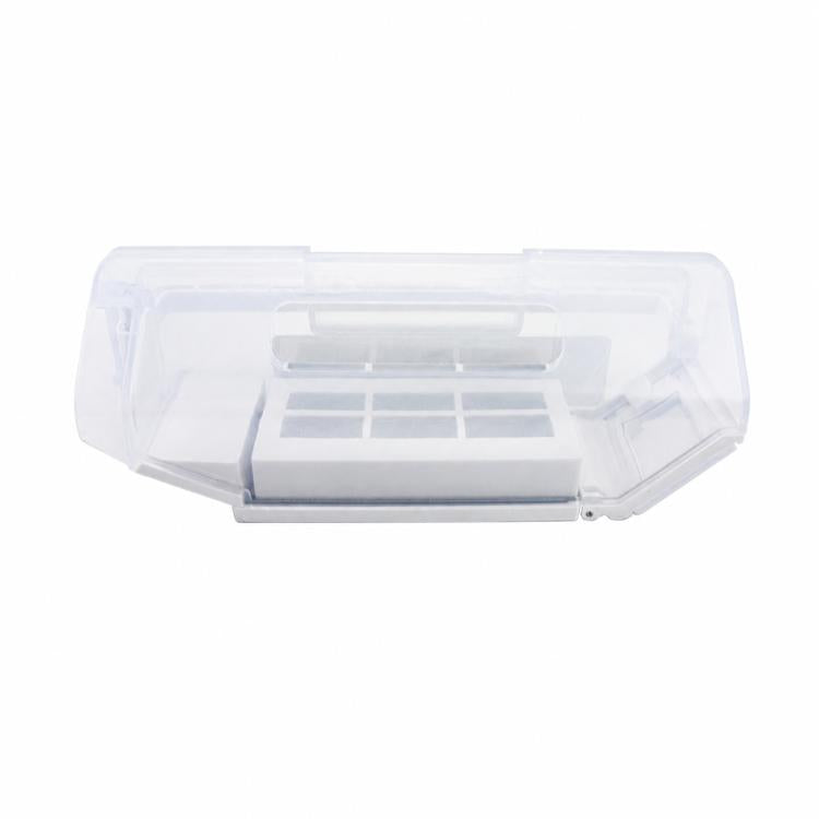 Clear robot vacuum dust bin with rectangular filter cartridge insert