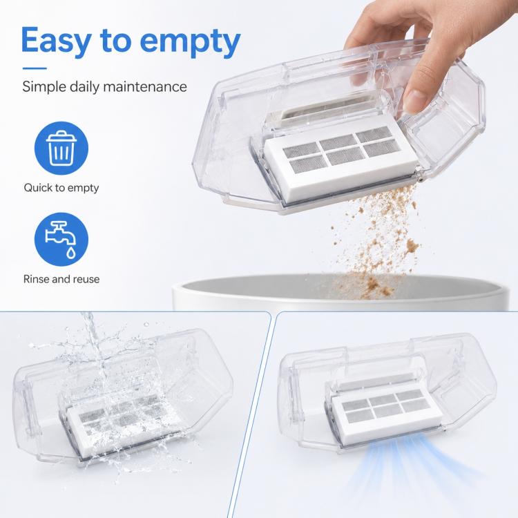 Clear dust bin with filter cartridge being emptied, showing loose dust discharge
