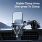 Car phone holder with adjustable clamp arms securing a phone vertically