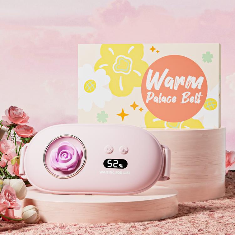 Pink 3D warming waist belt with rose heater, control buttons, and 52% display