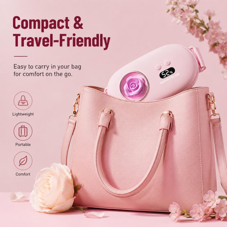 Pink warming waist belt attached to a travel bag, with round rose display on front
