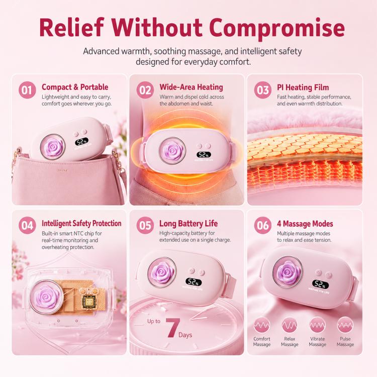 Pink warming waist belt with rose heater and control buttons